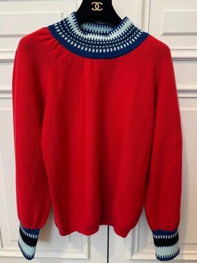 Molli Red Wool Sweater with Blue and White Jacquard Collar Size M